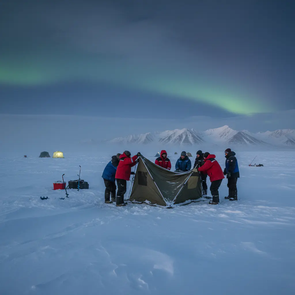 Team setting up basecamp on ice