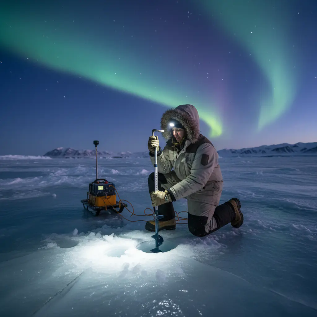 Sarah Vance checking ice thickness