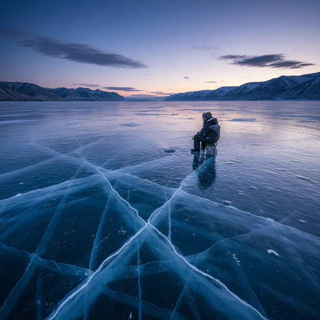 Frozen lake landscape at twilight