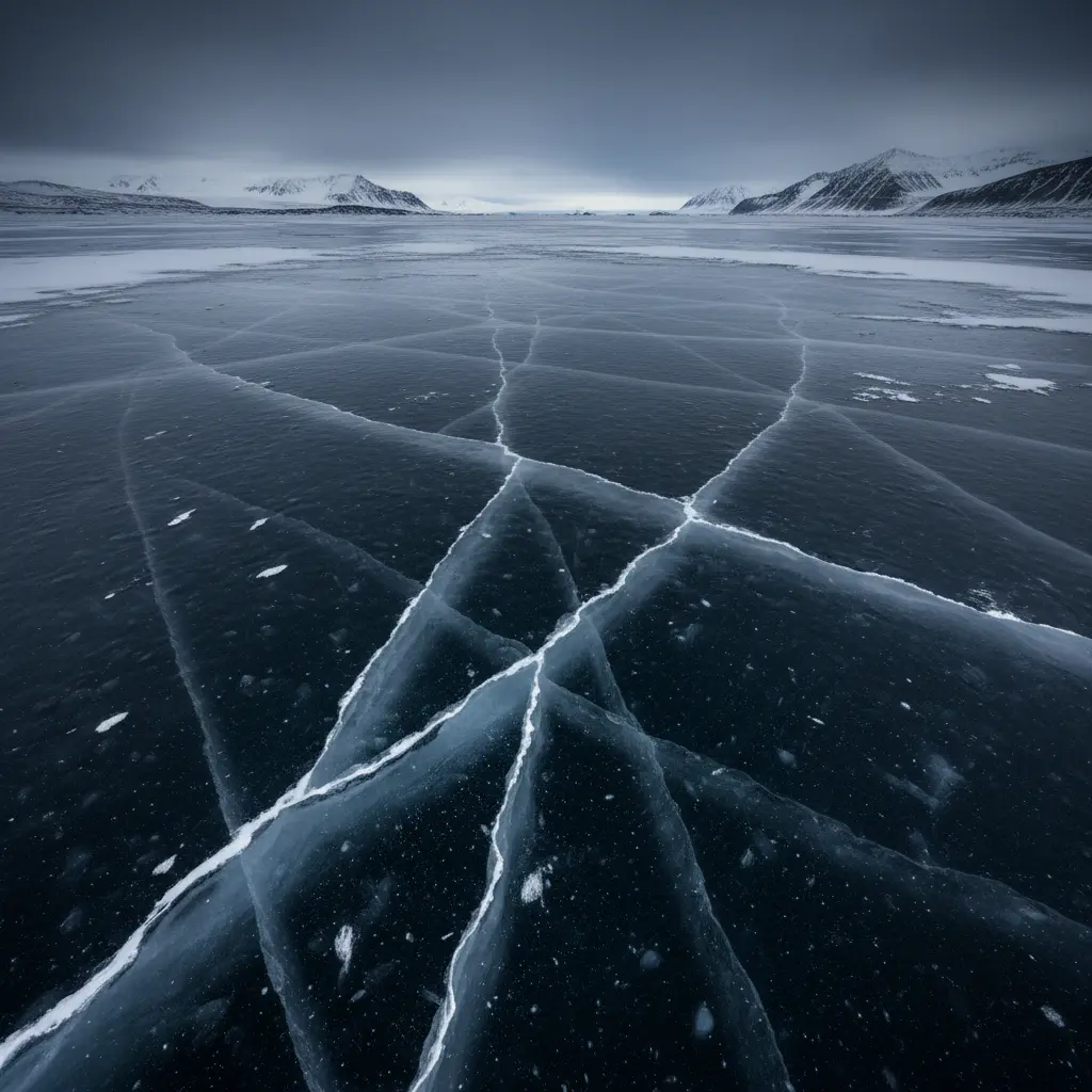 Dark frozen lake surface with deep cracks