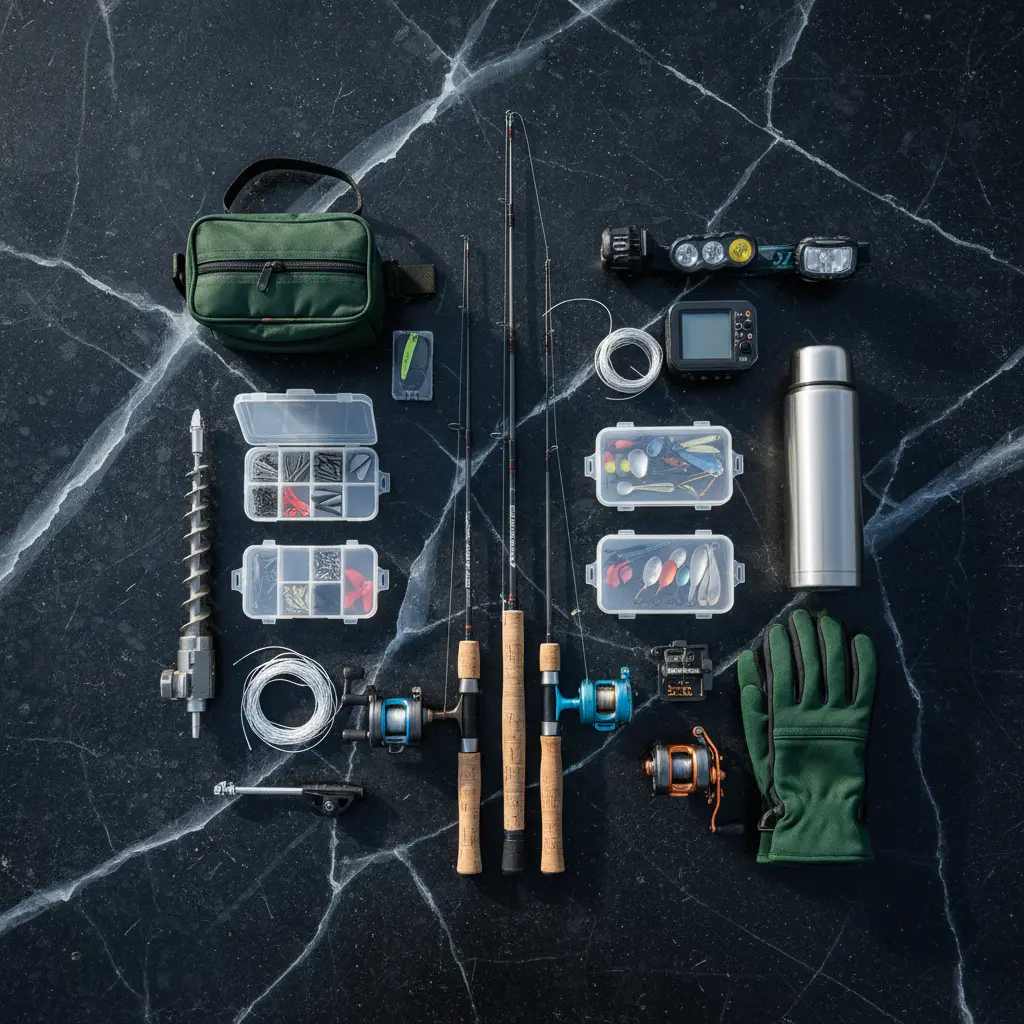 Flat lay of high end ice fishing gear including rods reels and tackle