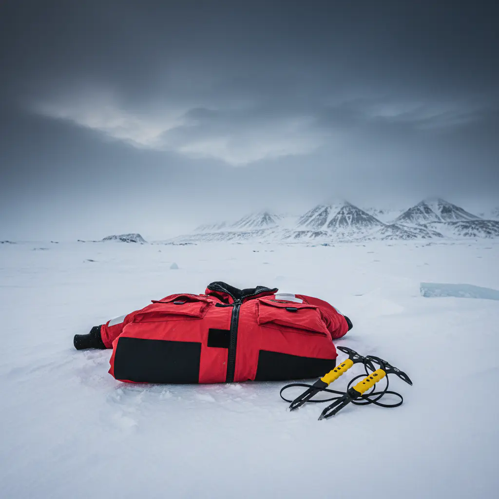 Safety flotation suit and ice picks on snow